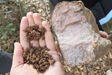 Bodenprobe und Stein in der Hand