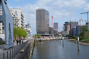 Blick auf ein Holzhochhaus in Hamburg