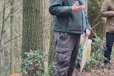 Ein Förster steht mit seinem Hund im Wald und referiert. 