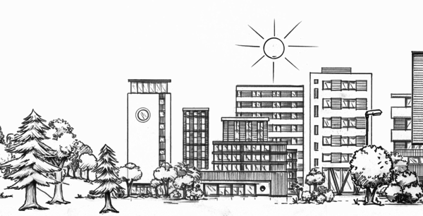 Grafik: Blick auf ein Wohngebiet mit Mehrfamilienhäusern aus Holz. In und um das Wohngebiet stehen Bäume und die Sonne scheint