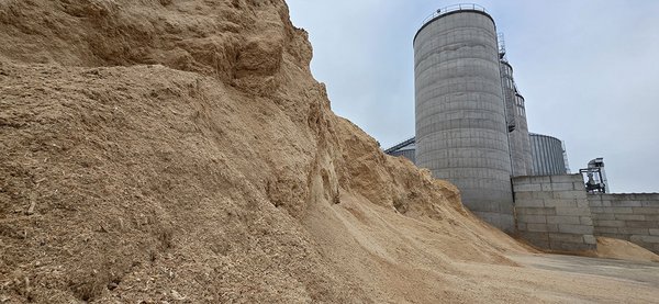 Ein großer Berg Sägespäne vor einem Silo auf dem Werksgelände