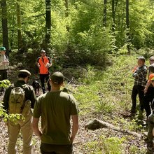 Studierende stehen im Wald als Gruppe und hören dem Referenten zu