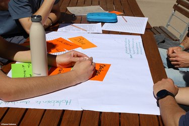 Studierende sitzen an einem Tisch und beschreiben Karten und große Papierbögen mit Stichwörtern