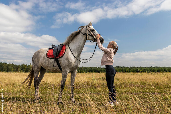 Reiterin steht auf einer Weide vor einem Pferd