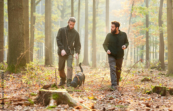 Zwei Jäger laufen mit einem Hund durch den Wald