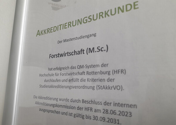 Foto der Akkreditierungsurkunde des Studiengangs MSc. Forstwirtschaft