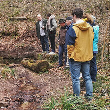 Studierende stehen um eine Quelle im Wald