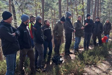 Die Teilnehmer stehen im Wald und hören dem Referenten zu