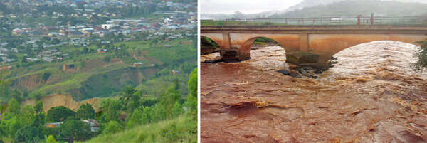Erosionsrisse bei Bujumbura und hohe Sedimentfracht durch Erosion in einem Fluß