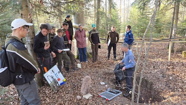 Studierende stehen um ein Bodenprofil im Wald