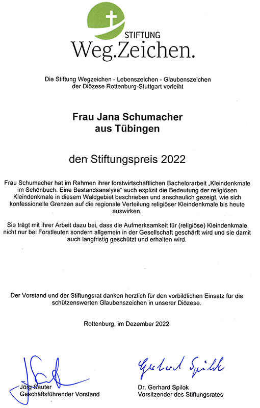 Urkunde der Stiftung Wegzeichen für Jana Schumache