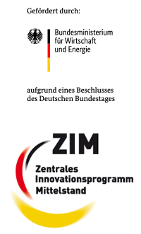 Logo:"Gefördert durch: Bundesministerium für Wirtschaft und Energie aufgrund eines Beschlusses des Deutschen Bundestages"; Logo: "ZIM - Zentrales Innovationsprogramm Mittelstand"