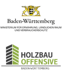 Logo: Ministerium für Ernährung, Ländlichen Raum und Verbraucherschutz BW. Logo: Holzbau-Offensive BW 